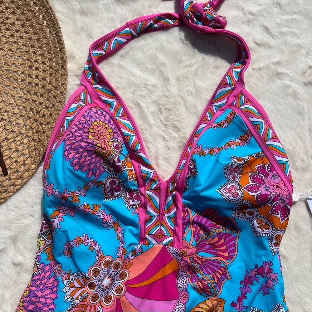 Trina Turk Pink & Turquoise Floral Halter One-Piece Swimsuit - Picture 5 of 11